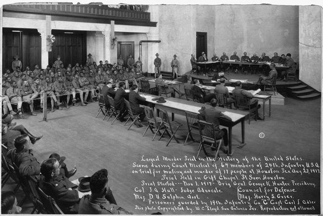 Members of the 24th Infantry Regiment on trial for mutiny committed near Camp Logan, Houston, Texas, on August 23, 1917. The Army set aside all 110 convictions in November 2023. (Credit: National Archives and Records Administration)